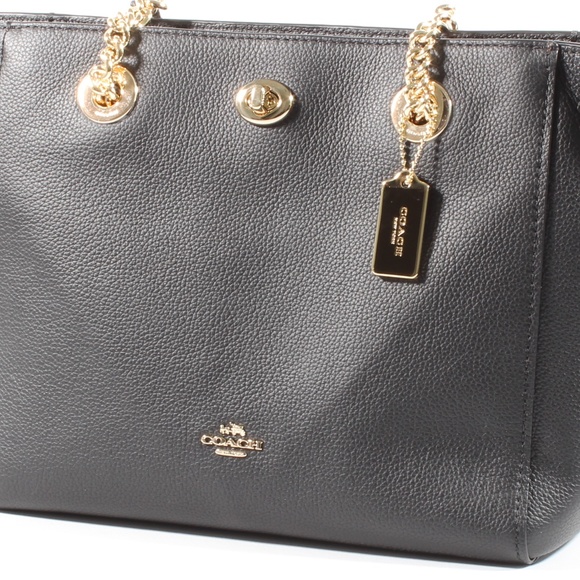 Coach Chain Shoulder Bag Black Leather Tote NEW - Picture 2 of 9